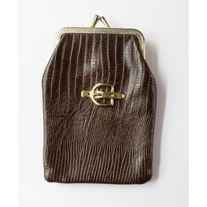 Vintage Cigarette Case Lizard Embossed Brown Leather Gold Metal Hardware